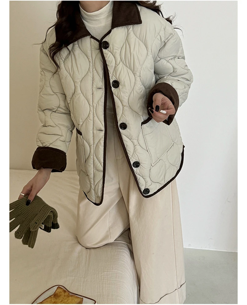 Autumn Down Cotton Padded Jacket Women's 2025 Contrast Lapel Rhombic Thin Short Loose Spring Cotton Padded Casual Coats Female