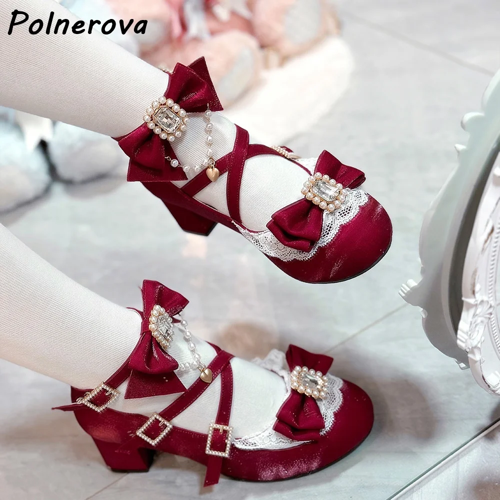 

Туфли-лодочки в стиле Лолиты с жемчугом и стразами, с узлом-бабочкой, с круглым носком, на массивном каблуке, с пряжкой и ремешком, женская однотонная милая элегантная обувь