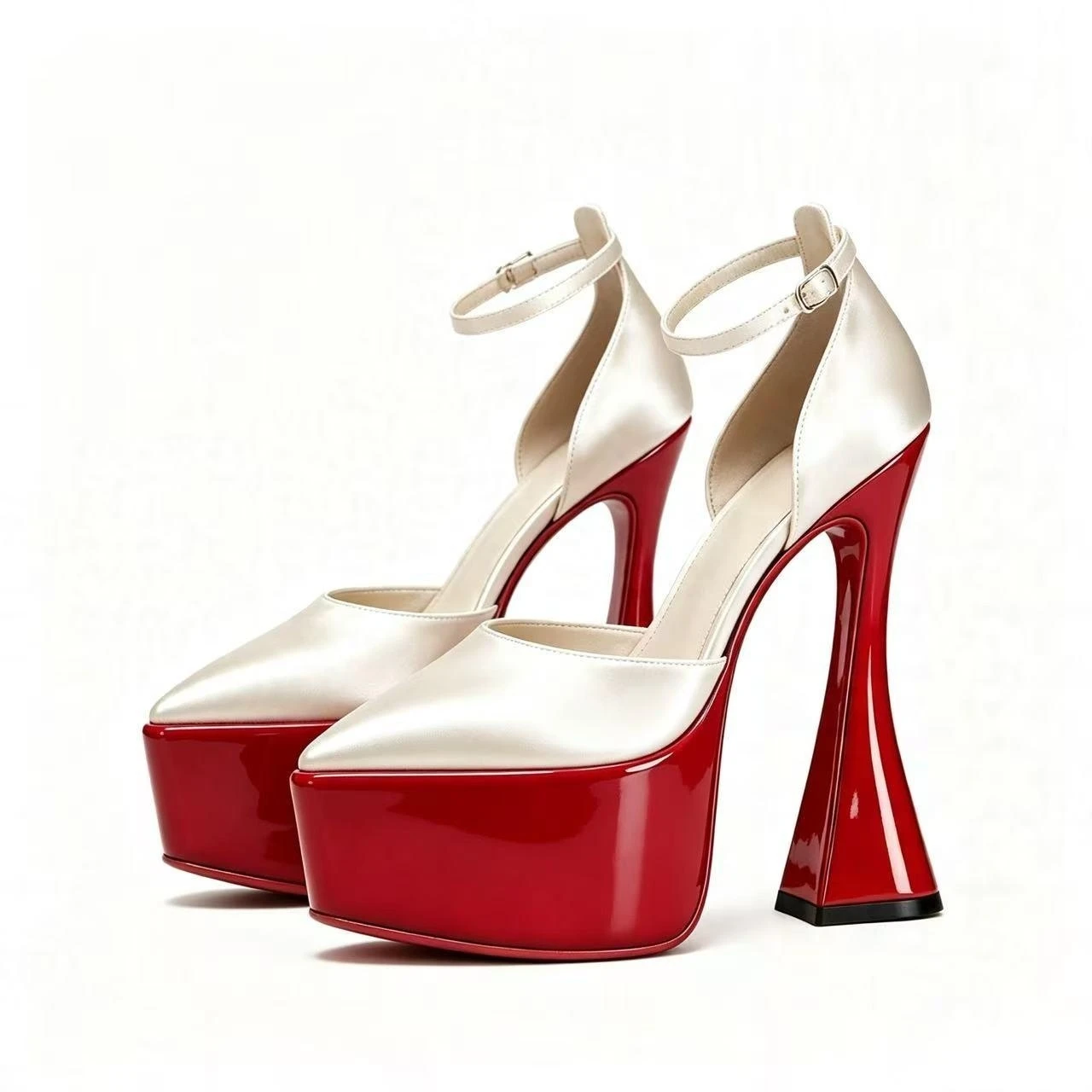Women Satin Pointed Toe Platform Pumps Ankle Strap Flared High Heels OutSole Evening Wedding Party Formal Fashion Dress Footwear view 6