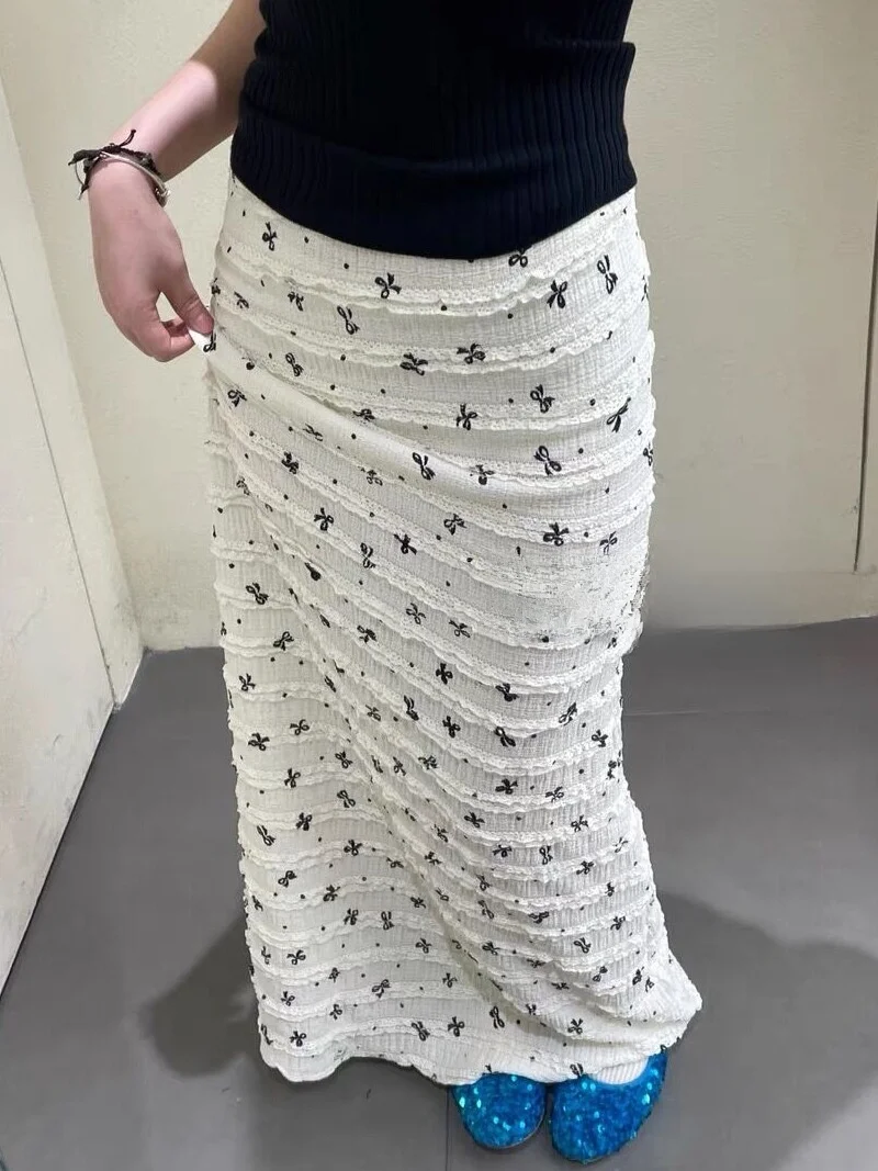 Summer Thin Floral Lace Print Half Skirt Women's mid Waist A-Line Long Dress  Knot Fish Tail Short Skirt