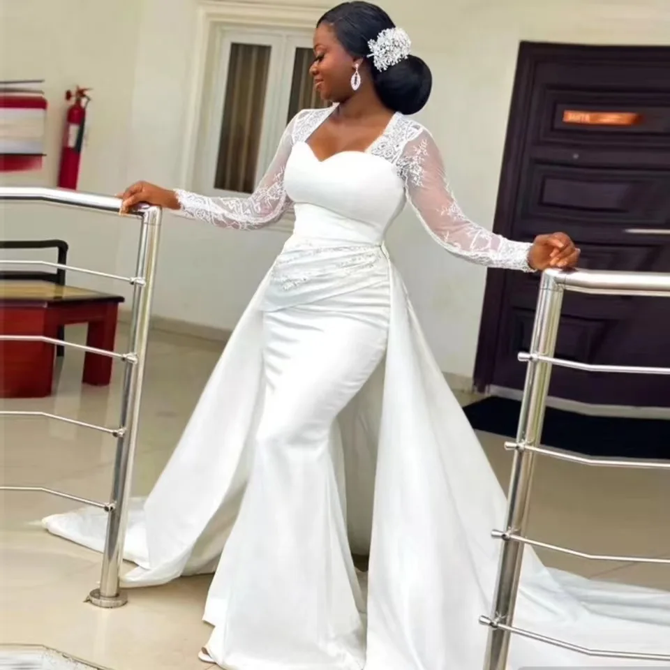 Sweetheart Long Sleeve Lace Satin Mermaid Wedding Dress Detachable Overskirt Maternity Bridal Gown Vestidos De Novia Custom Plus