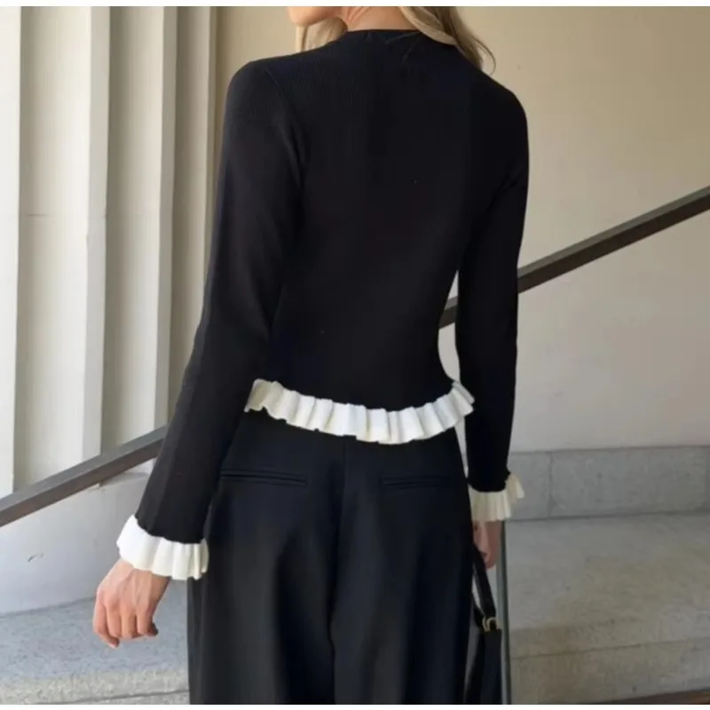 Autumn Women Patchwork Pullover Sweater Round Neck Knitted Long Sleeve Top Fashion Basic Sweater Chic Lady Ruffled Sweater