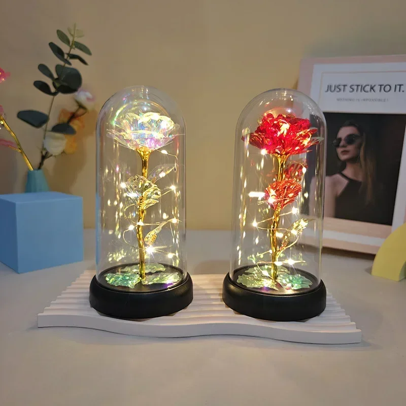 Artificial Flowers LED Red Rose Creative Valentine's Day Gift Rose in Acrylic Cover Stand Light Up Wedding Galaxy Rose Decor