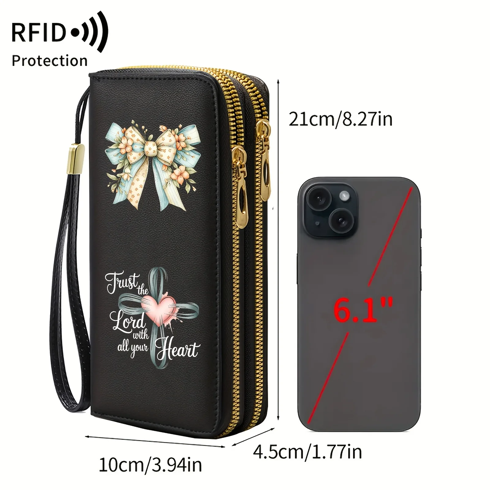 Women's Long Zipper Wristlet Clutch with Multiple Card Slots, Large Capacity ID Wallet, Anti-Demagnetization Card Holder