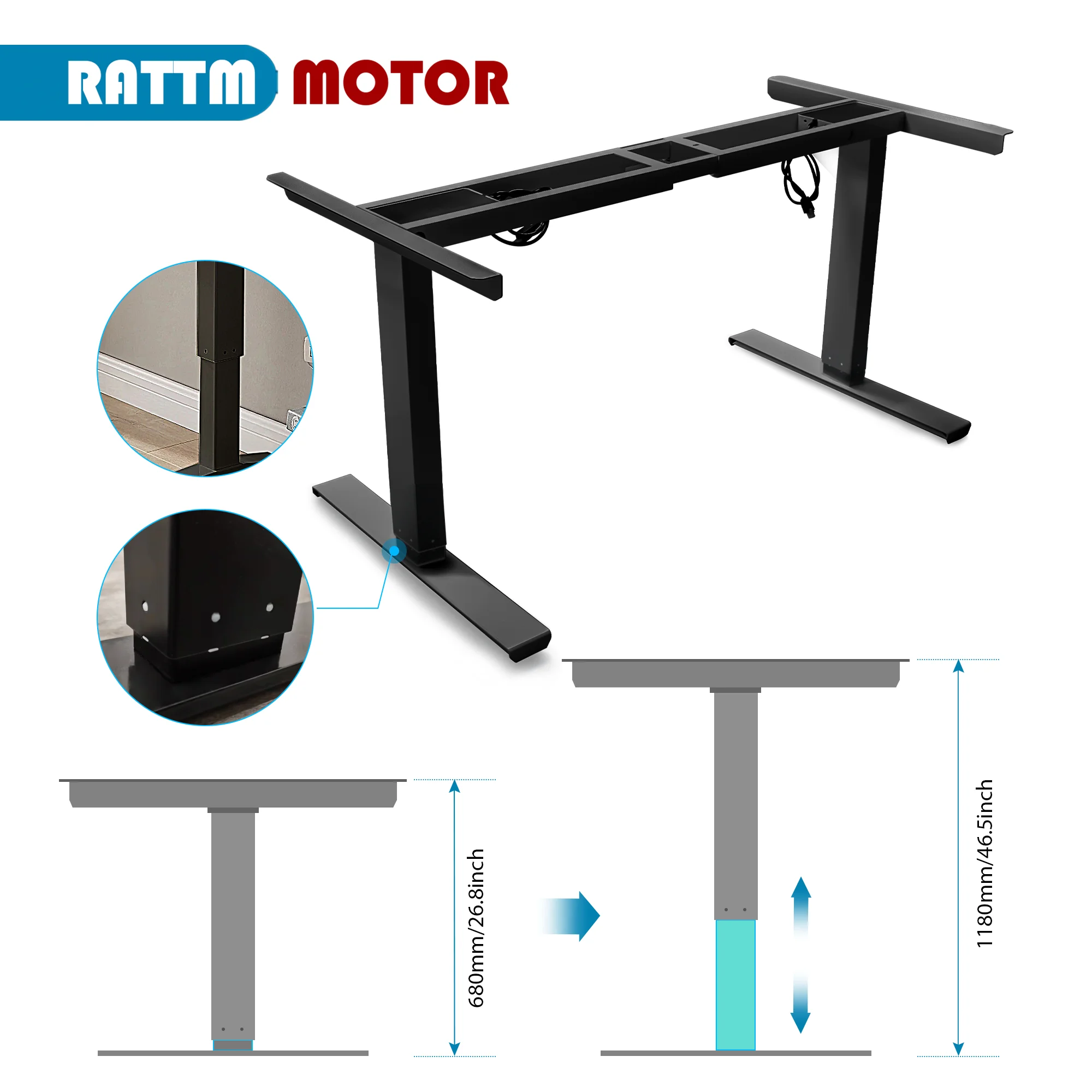 【EU Stock】RATTM MOTOR Two Foot Dual Motor Electric Height Adjustable Lifting Table Sit/Standing Desk Frame White/Black