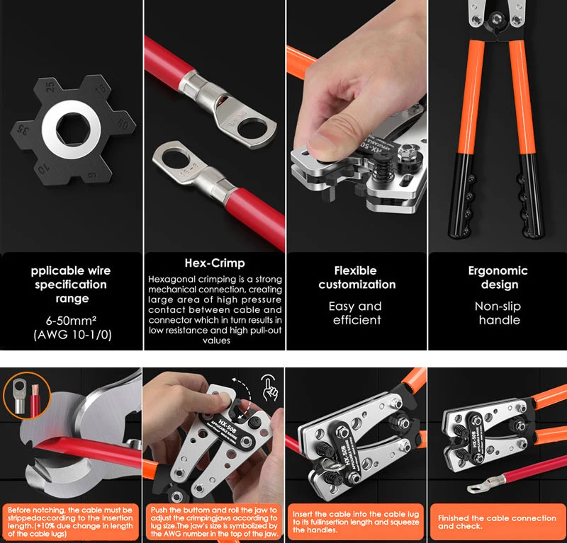 HX-50B Drahtcrimpzange 6-50mm²/AWG 10-1/0 Rohrklemmen-Crimper Sechskant-Crimpwerkzeug Batteriekabel-Ösenzange Handwerkzeug Crimpzange – Detail 9