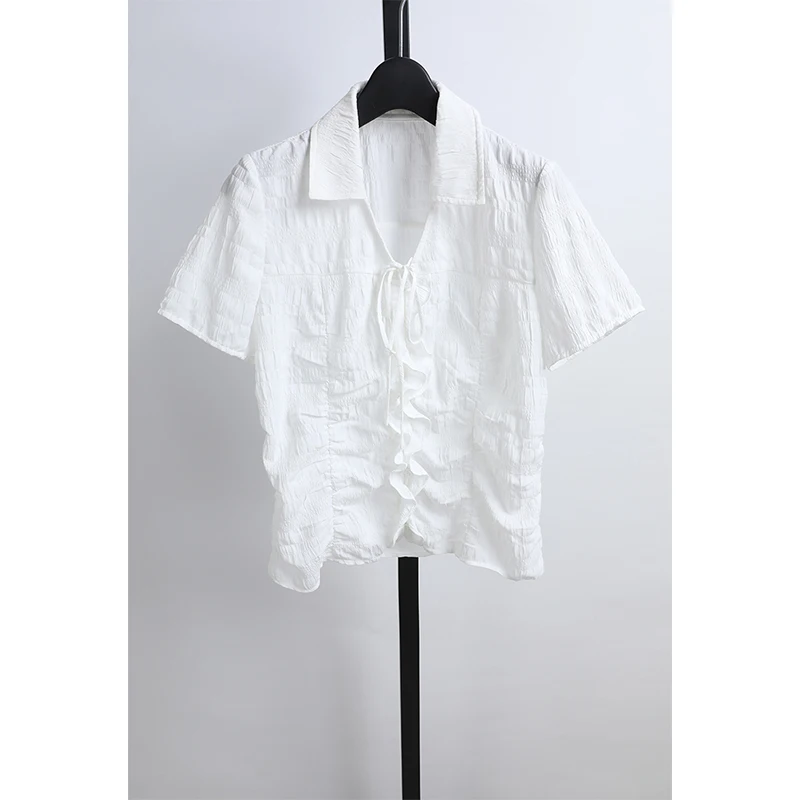Camisa de Mujer Guss, Estilo Veraniego, con Encaje Floral, Cintura Ajustada, Manga Corta, Cuello Camisero, Versátil, Fibra de Poliéster