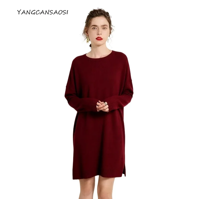 Women's Fashion Autumn/Winter Clothing 85%Natural Mulberry Silk 15%Cashmere Blend Loose Round Neck Long Sleeved Knitted Sweater