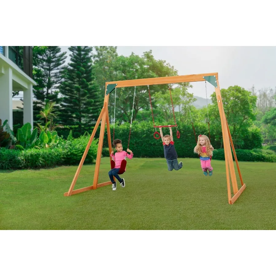 

Trailside Cedar Wooden Backyard Swing Set for Outdoor Play Area Height: 87 Inches Length: 89 Inches Width: 120 Inches Features
