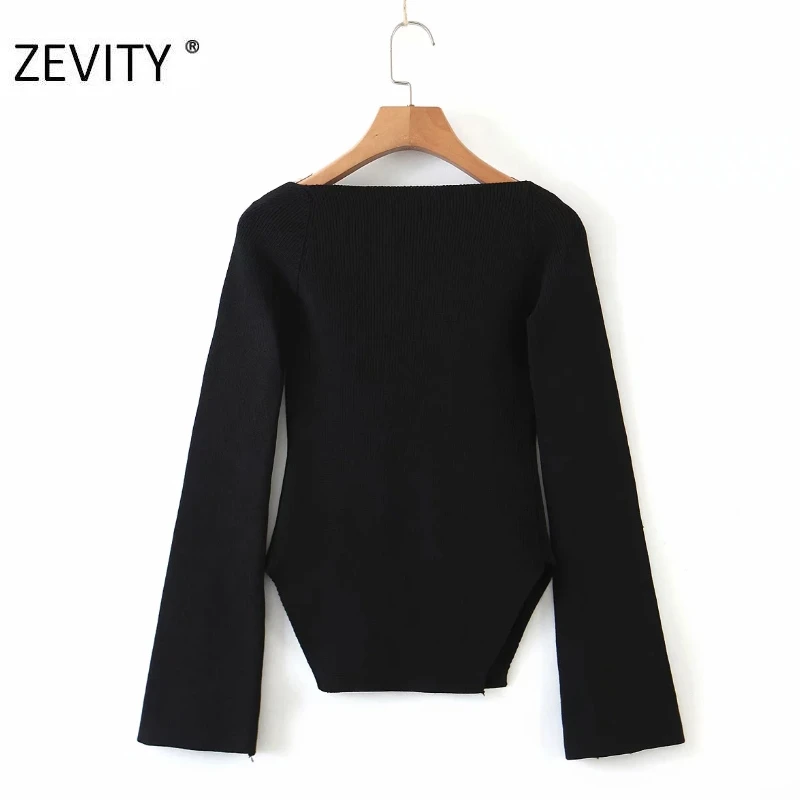 ZEVITY NEW women sexy square collar solid knitting casual slim sweater female long sleeve side split pullover sweater tops S385