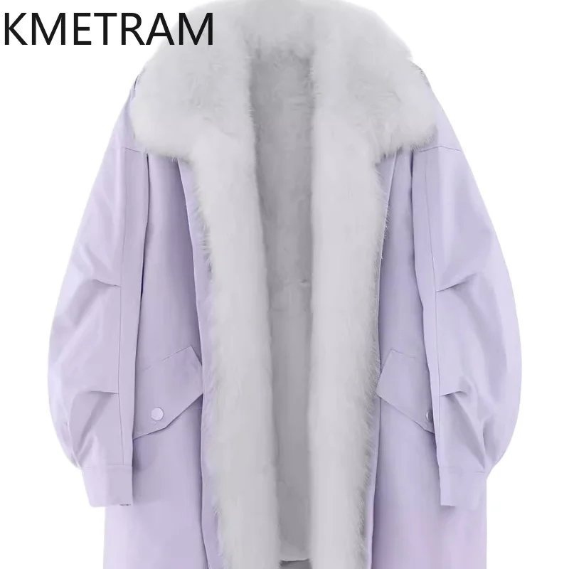KMETRAM Natural Rex Rabbit Fur Lining Fur Jacket Fox Fur Collar Parka Coats MId Length Winter Woman Clothing 2025 ropa mujer