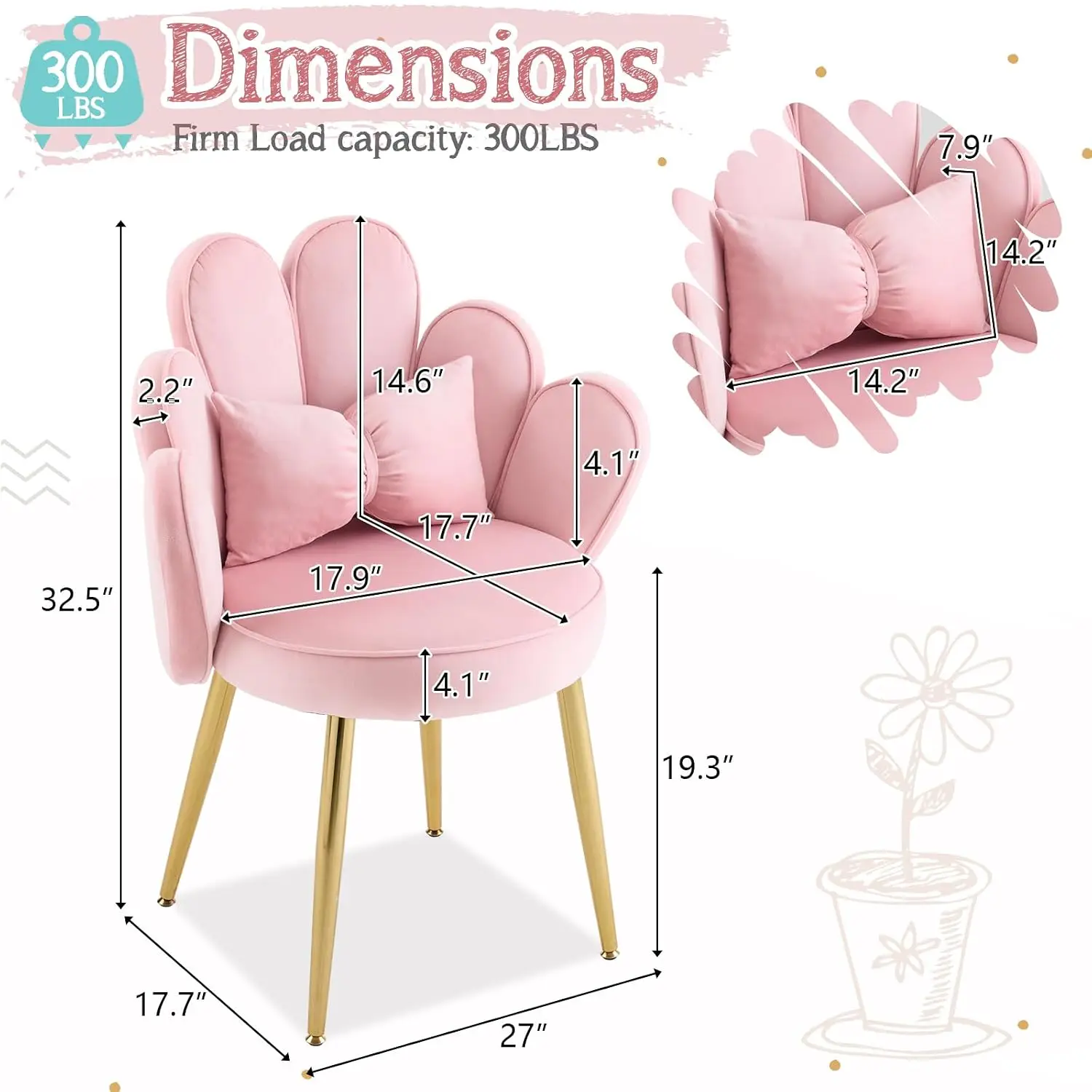 Petal Makeup Vanity Chair with Back,Flower Cute Girls Desk Chair Comfy No Wheels,Modern Dining Chair,Small Accent Chair with Adu