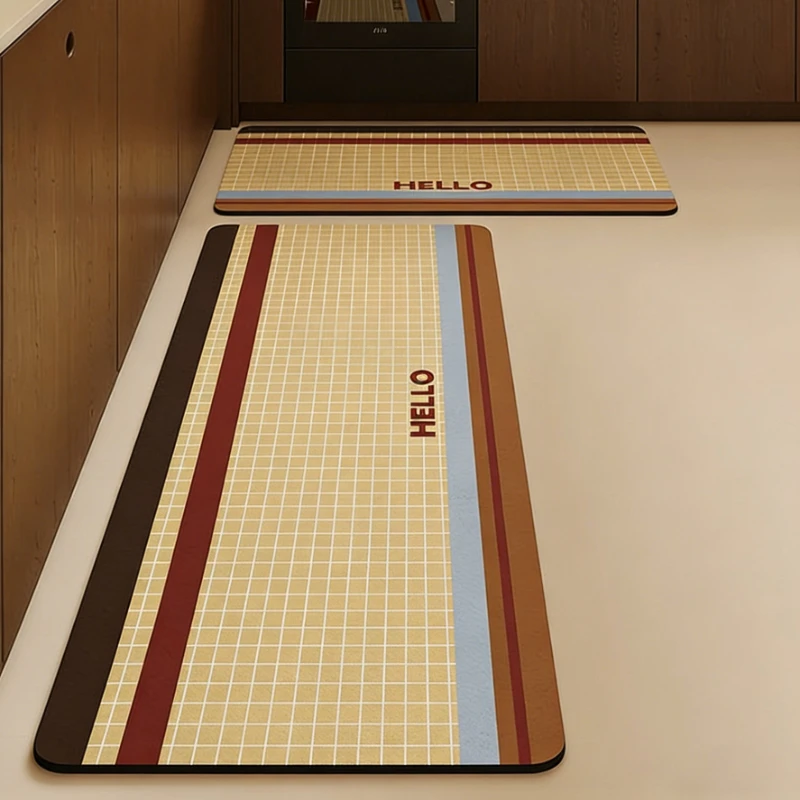 Kitchen Rug Long Strip Carpet Waterproof PVC Leather Rugs Retro Yellow Checkered Mat Oil-proof  Non-slip Floor Mats Home Decor
