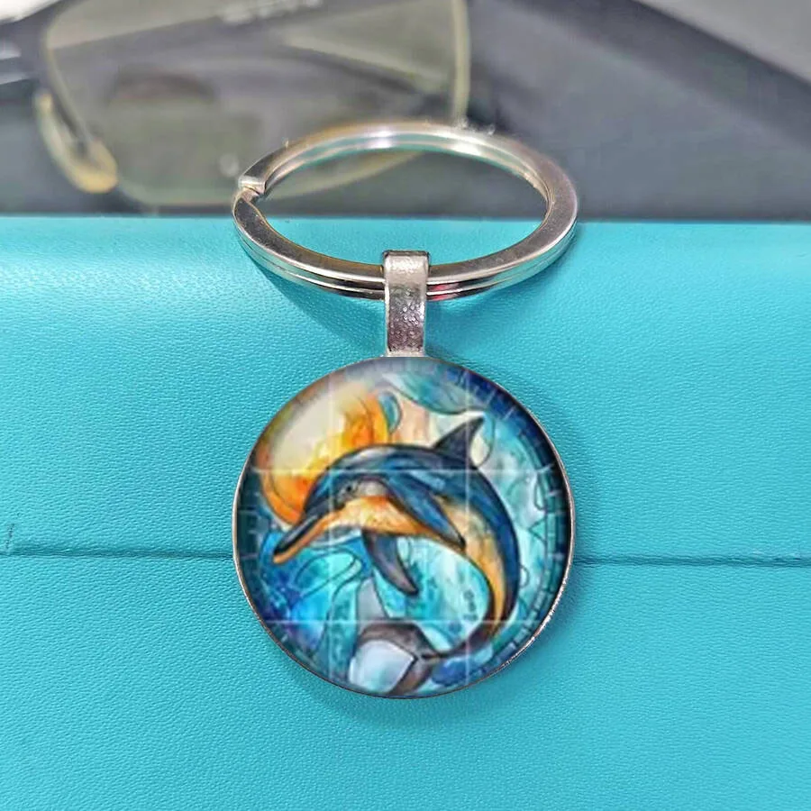 Mosaic Stained Glass Ocean Dolphin Print Keyring Cabochons, Perfect For Beach Sea Animal Art Fans Nautical Minimal Style Lovers