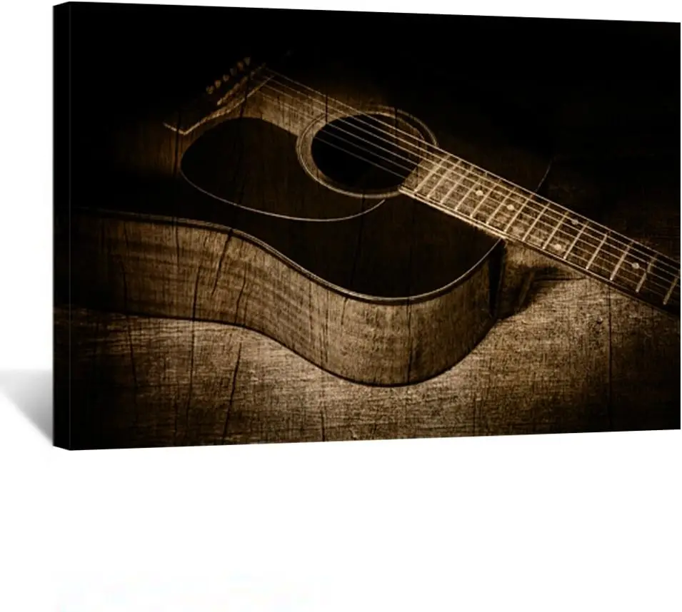 1p,KREATIVE ARTS - Acoustic Guitar Canvas Prints Musical Instrument Wall Art Vintage Poster Printed on Canvas Stretched and Fram