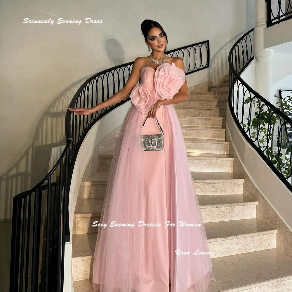 

Tulle Formal فساتين سهرة Pink Flower Customized Evening Dresses For Sexy Women Strapless Cocktail Party Prom Gown