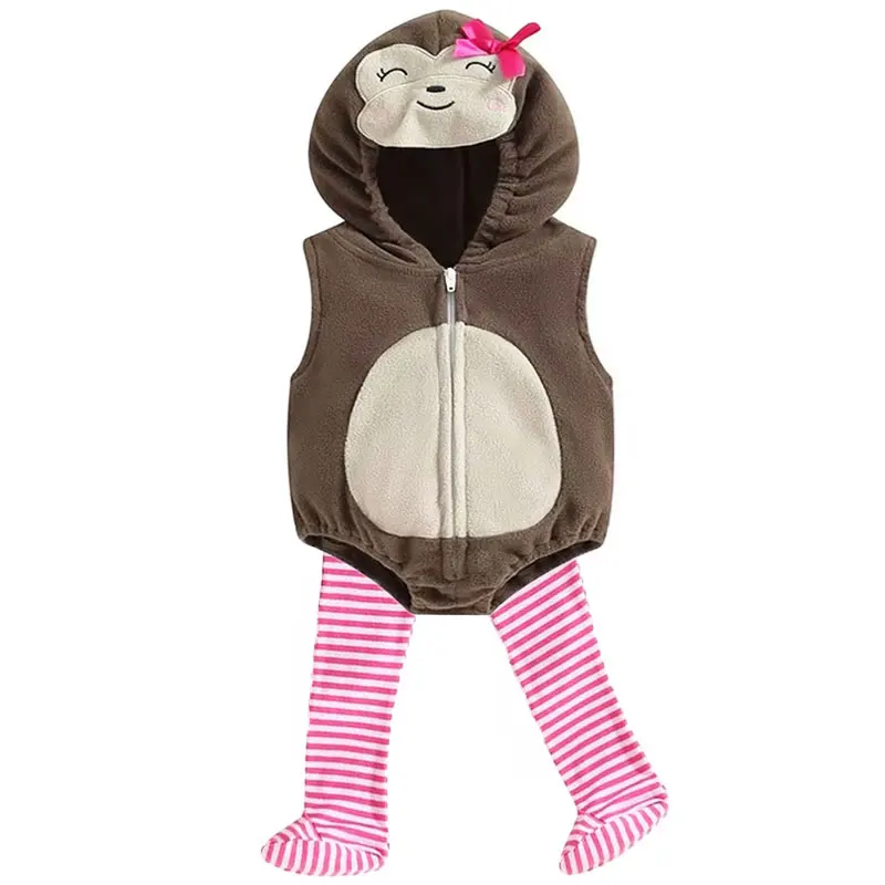 2pcs/set Little Monkey Costume for Baby Girls 6-12M 12-18M Hooded Sleeveless Romper Bodysuit With Pink Striped Stockings Umorden