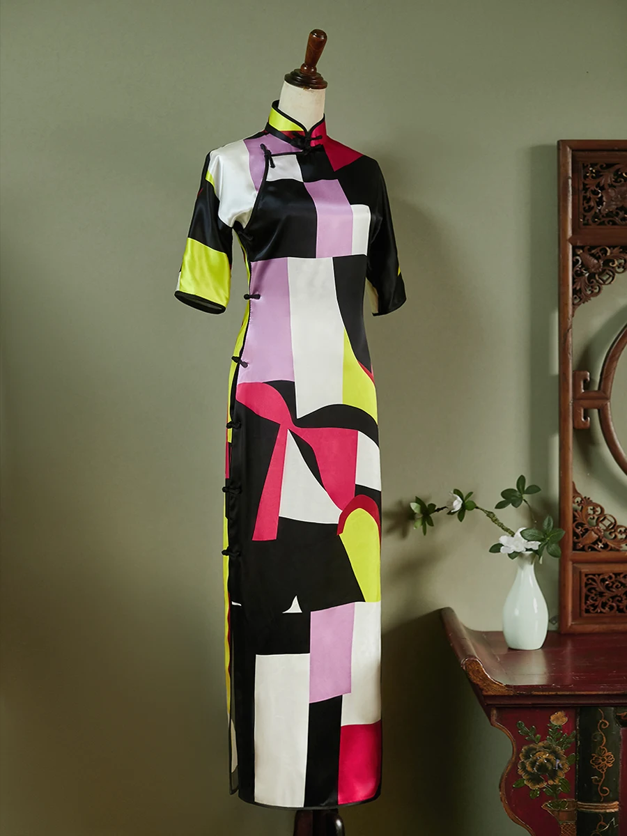 

Topulara Silken Vintage Sle Long Qipao Non-Silk Version Traditional Full-Length Design Daily Wear Ele Lady's Dr