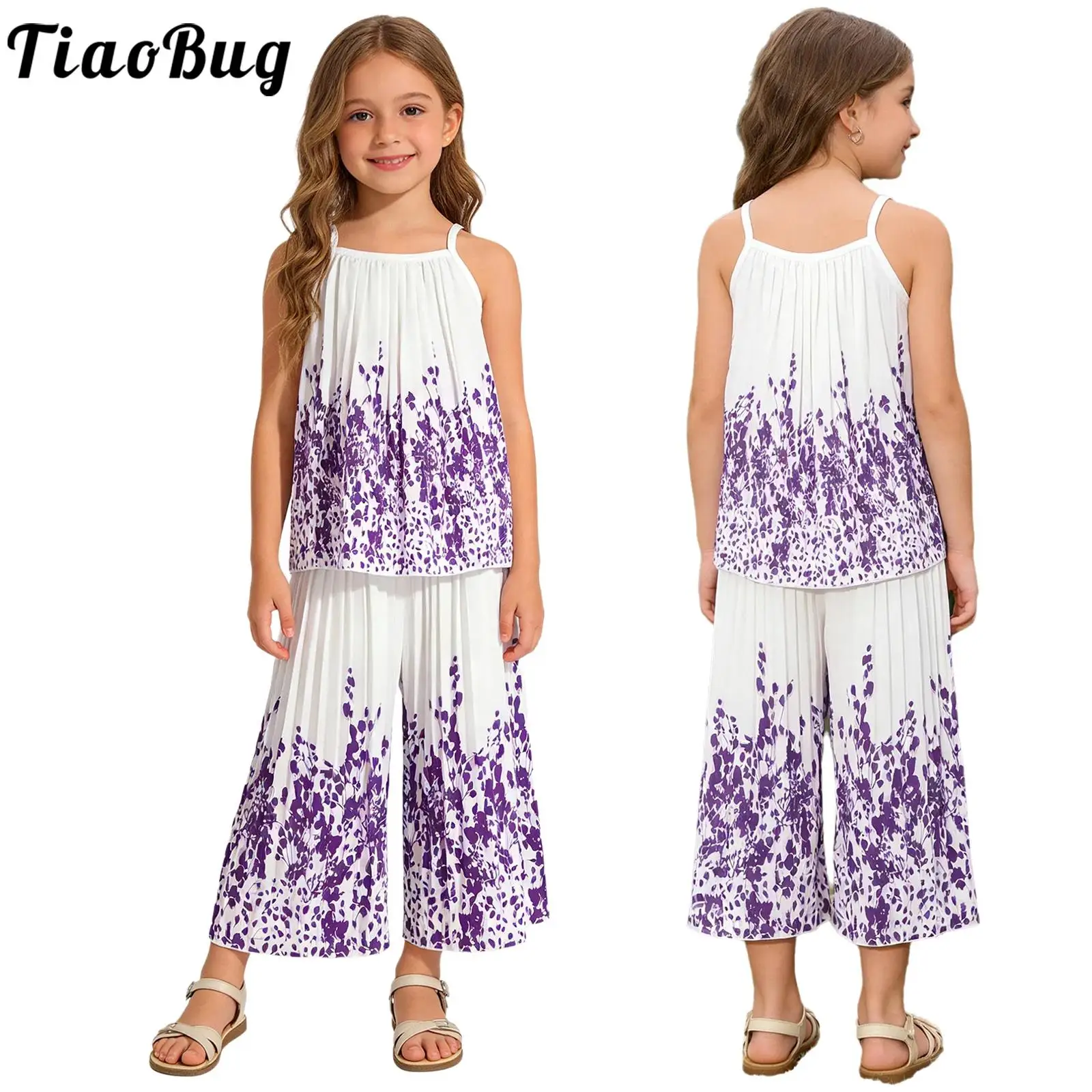 Kids Girls Clothes Floral Print Spaghetti Straps Camisole Top with Wide Leg Pants Set Summer Vacation Beach Park Picnic Outfits