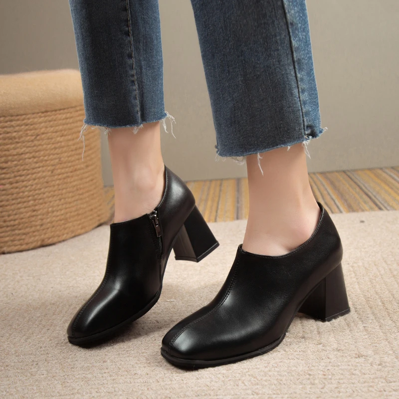 Deep Cut Solid Color Single Shoe Female Spring and Autumn 2023 New Side Zipper Square Toe Thick Heel Comfortable Loafer Female