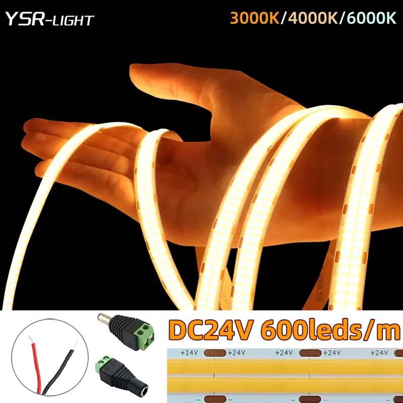1-10M DC24V 슈퍼 밝은 COB Led 라이트 스트립 이중 행 600Led/m 흰색 3000/4000/6000K 디밍 가능 어두운 영역 없음 실내 장식 CRI90