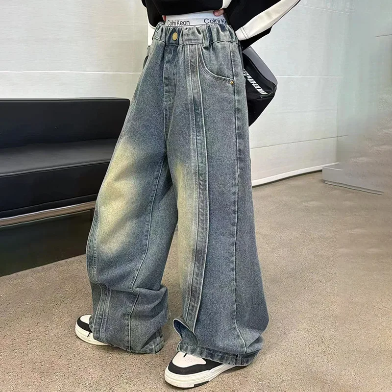 

Teenage Kids Pants Fashion Spliced Design Floor Jeans Trousers Girls Wide-leg Denim Pants for 6 8 10 12 14Years Children Bottoms