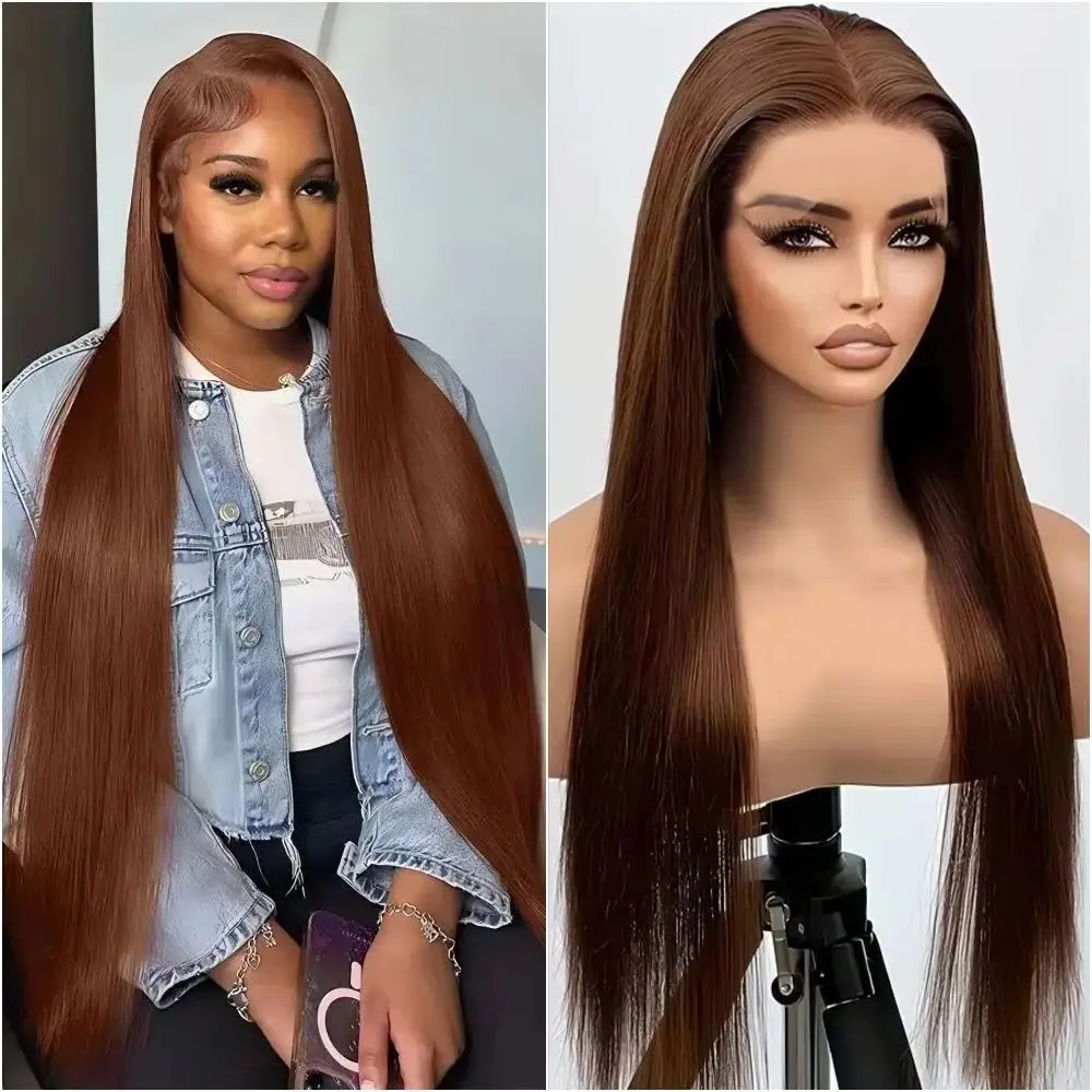 

# 4 шоколадно-коричневых парика из натуральных прямых волос для женщин, парики с HD-кружевной передней частью 13x6, прозрачные кружевные фронтальные парики 13x4, предварительно выщипанные парики