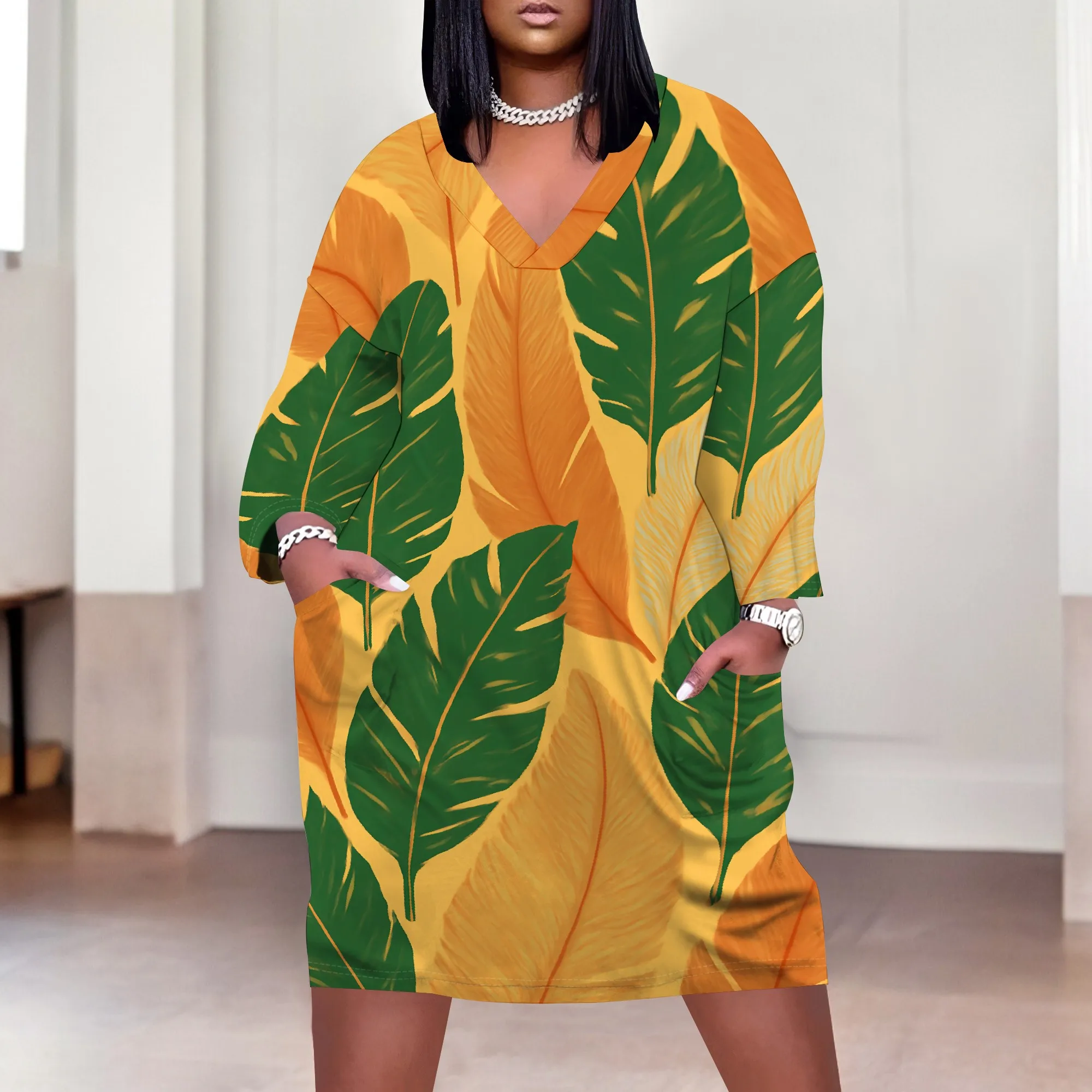 

Orange Tropical Leaf Print V-Neck Dress XL-6XL Loose Fit 3/4 Sleeve Style for Summer Vacation, Afro Beach or Resort Look
