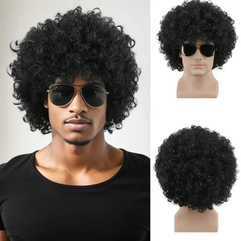 Black Curly Short African-style Wig, Suitable for Men, Role-playing Costume, Synthetic Fiber Material