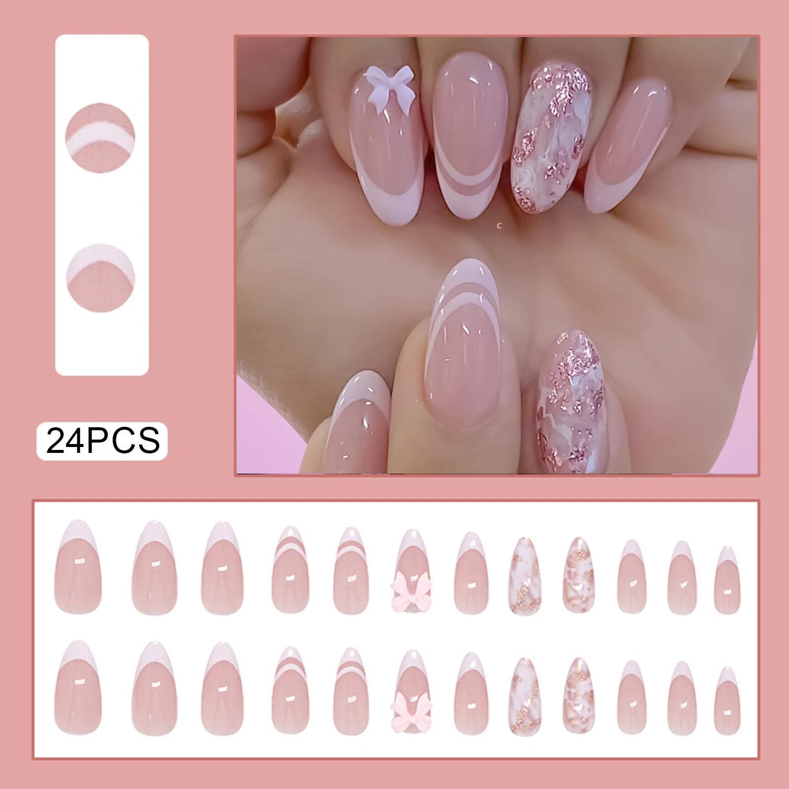 Easy-Apply Fake Nails Elegant for Party Wedding French Bow Glitter Ombre Press on Nails Manicure Kit Durable ABS Plastic