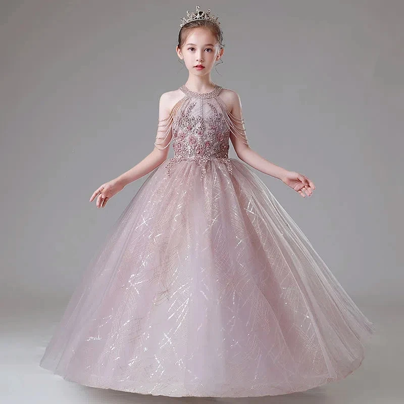 Children Birthday Party Elegant Tulle Long Dresses School Evening Gala Kids Host Fashion Gowns Christening Costumes 12-14 Years