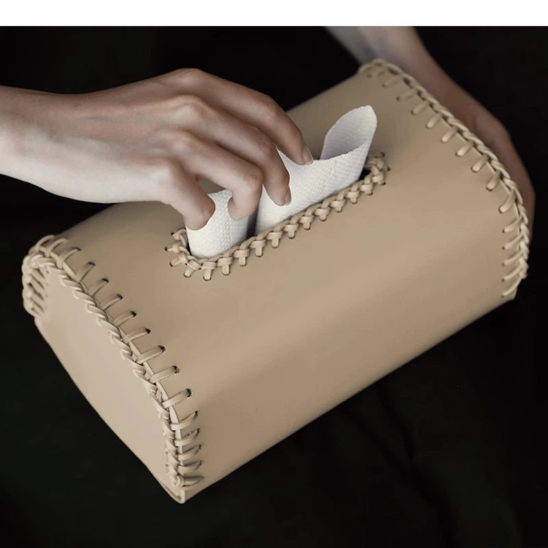 Leather Tissue Box Color-blocked Thread Weaving Two-color Home Napkin Holder Paper Towel Holder Organizadores Home Decoraction