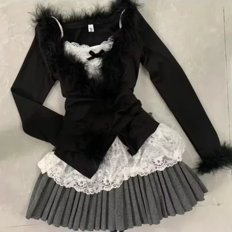 Pakaian Wanita Bumbu Seksi Amerika 2000S Musim Gugur Musim Dingin Atasan Leher V Antik + Rompi Renda Ramping + Rok Mini Berlipat Set 3 Potong