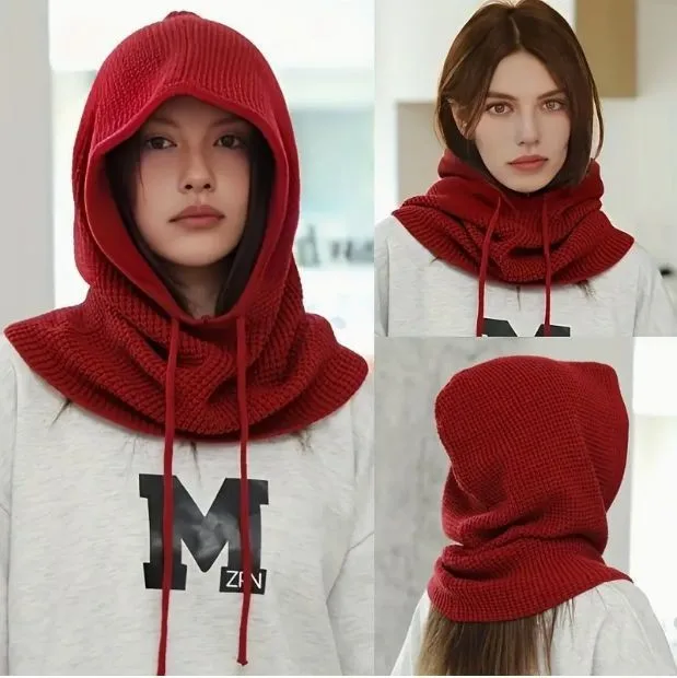 Knitted hooded scarf autumn and winter multi-functional solid color integrated women's hooded ear protector thickened scarf
