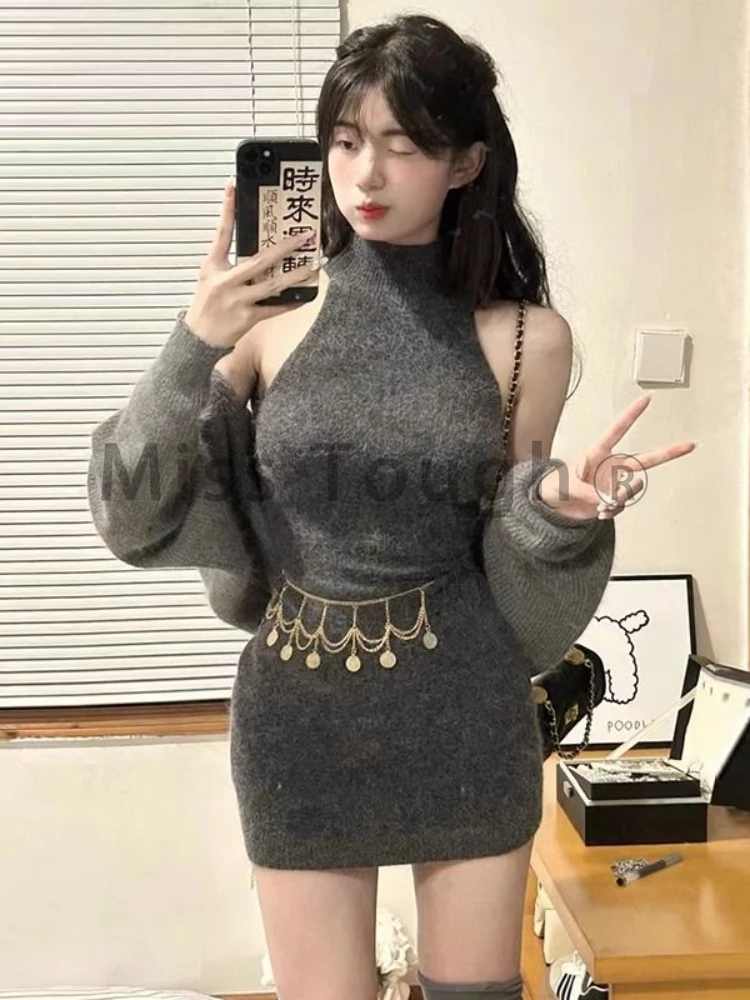 Korean Style Sexy Two Piece Set Women Solid Knitted Cardigan + Slash Neck Mini Dress Female Elegant Casual Party Dress Suit 2023