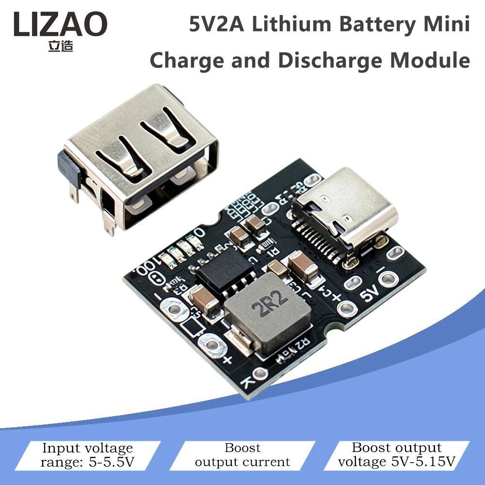 5V 2A Mini Lithium Battery Charge Discharge Integrated Module Type-C Input USB-A Output Boost Converter