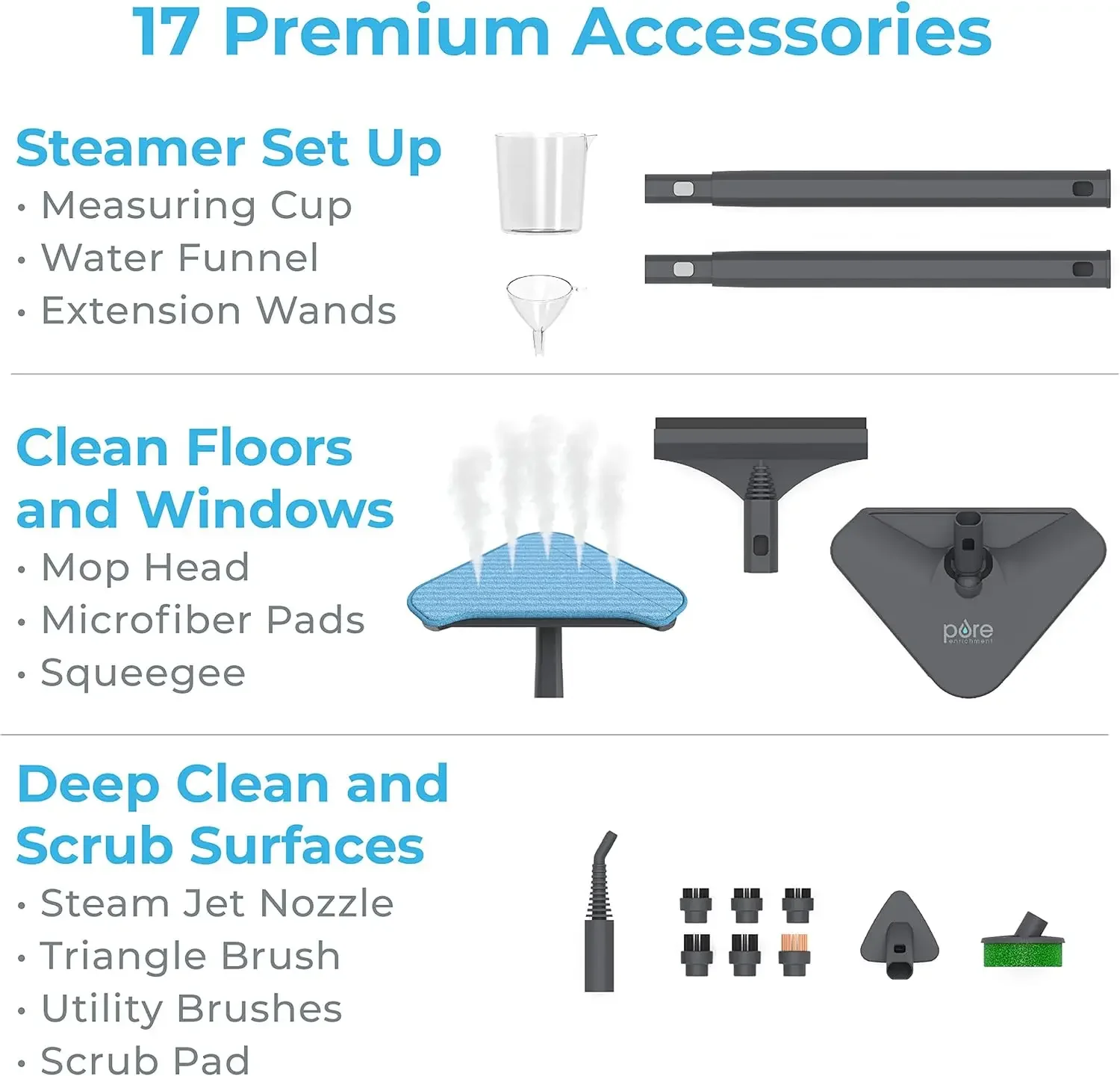 Enrichment PureClean Steam Cleaner with 17 Accessories, Multi-Purpose Household Rolling Steamer for Chemical-Free Deep Cleaning