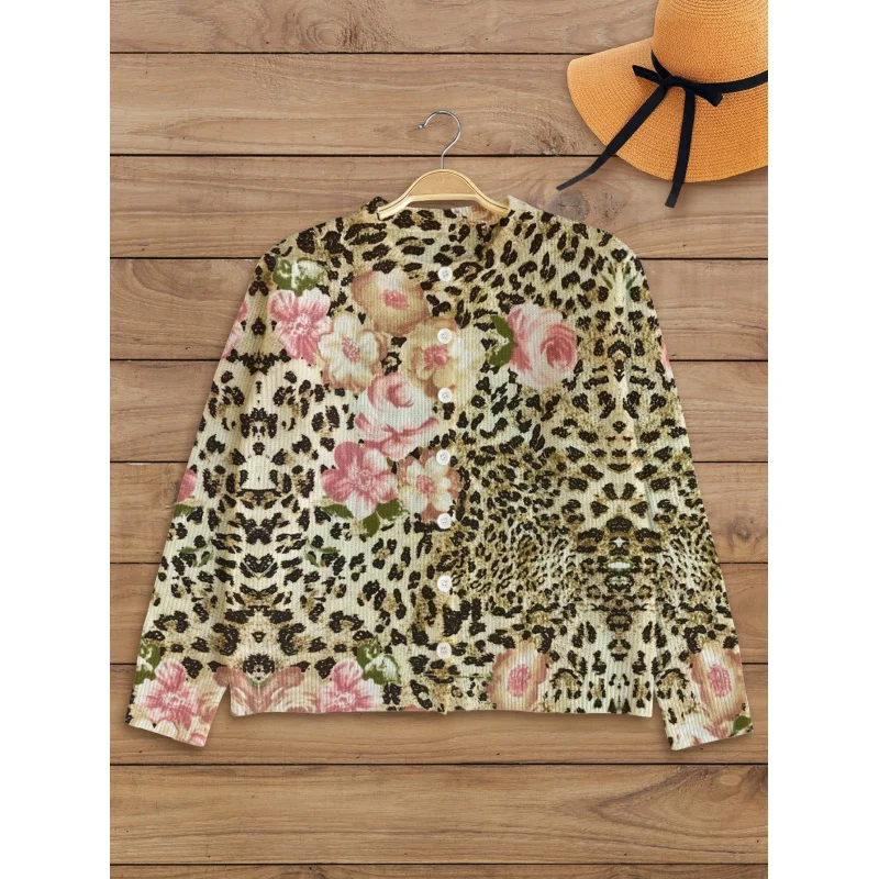 

Винтажный женский свитер с леопардовым принтом и сексуальным узором, утепленный свободный кардиган с круглым вырезом и длинными рукавами на пуговицах, осень-зима, на открытом воздухе