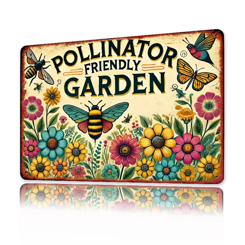 1 panneau métallique de style vintage « Pollinator Friendly Garden », - Art mural coloré d'inspiration naturelle avec abeilles et fleurs, cadeau pour l'Eco