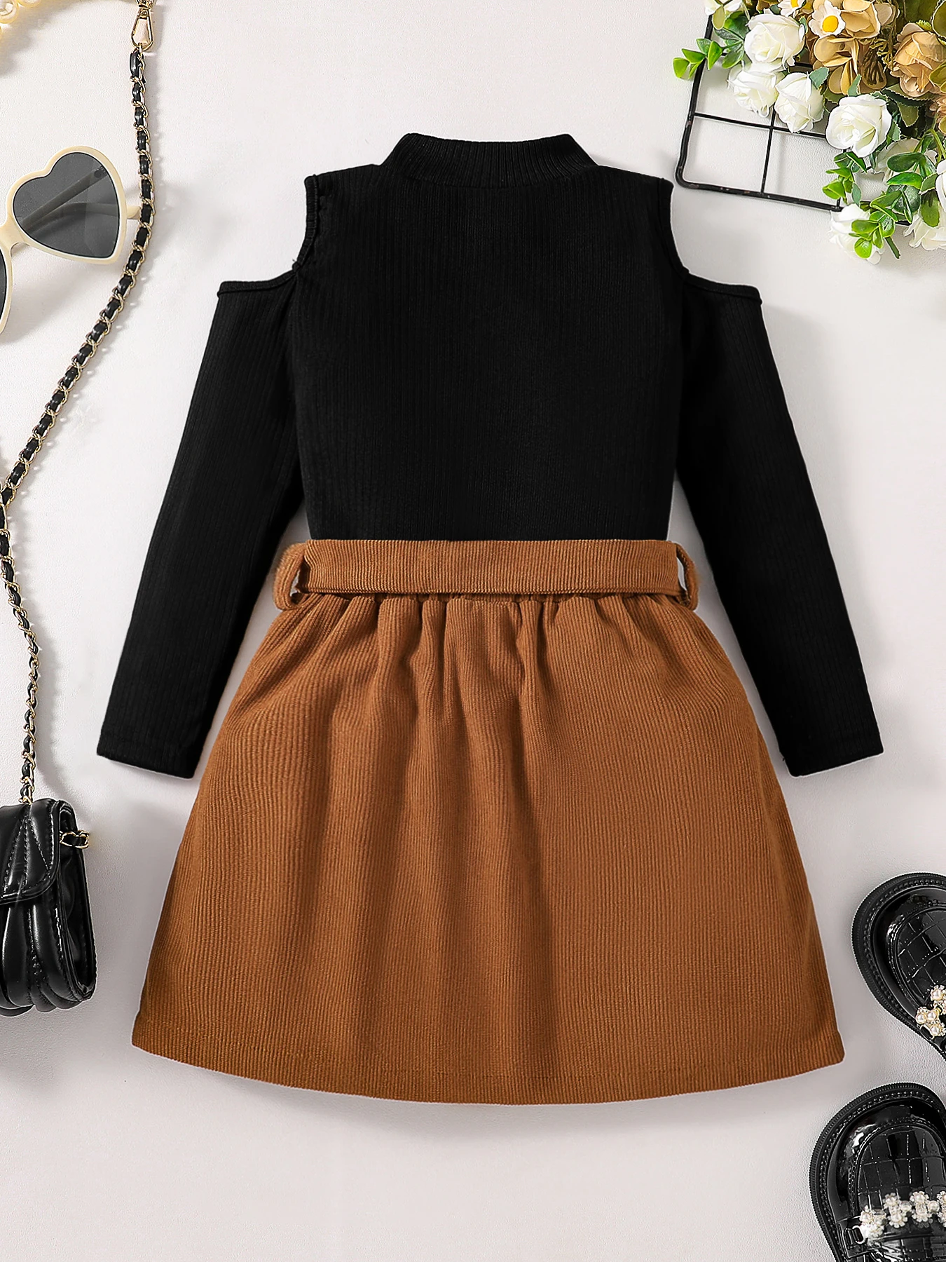 Girls\' Autumn Fashion Set Solid Color T-shirt Off-Shoulder High Collar Top with Solid Color Half Skirt Children\'s Clothing