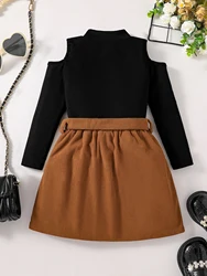 Girls' Autumn Fashion Set Solid Color T-shirt Off-Shoulder High Collar Top with Solid Color Half Skirt Children's Clothing