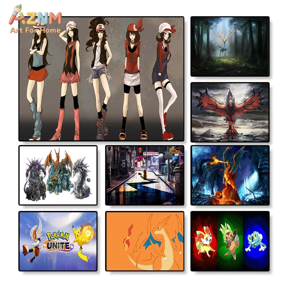 AZNM Pokemon Anime Canvas Wall Art Trainers Charizard Xerneas Yveltal Impressão HD em tela sem moldura para quarto e sala de estar