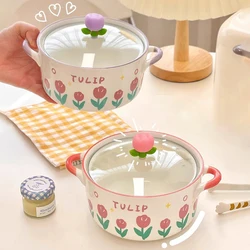Kawaii Flower Ramen Bowl With Lid Spoon Ceramics Cute Large Fruit Instant Noodles Salad Soup Bowl Home Kitchen Tableware 800ml