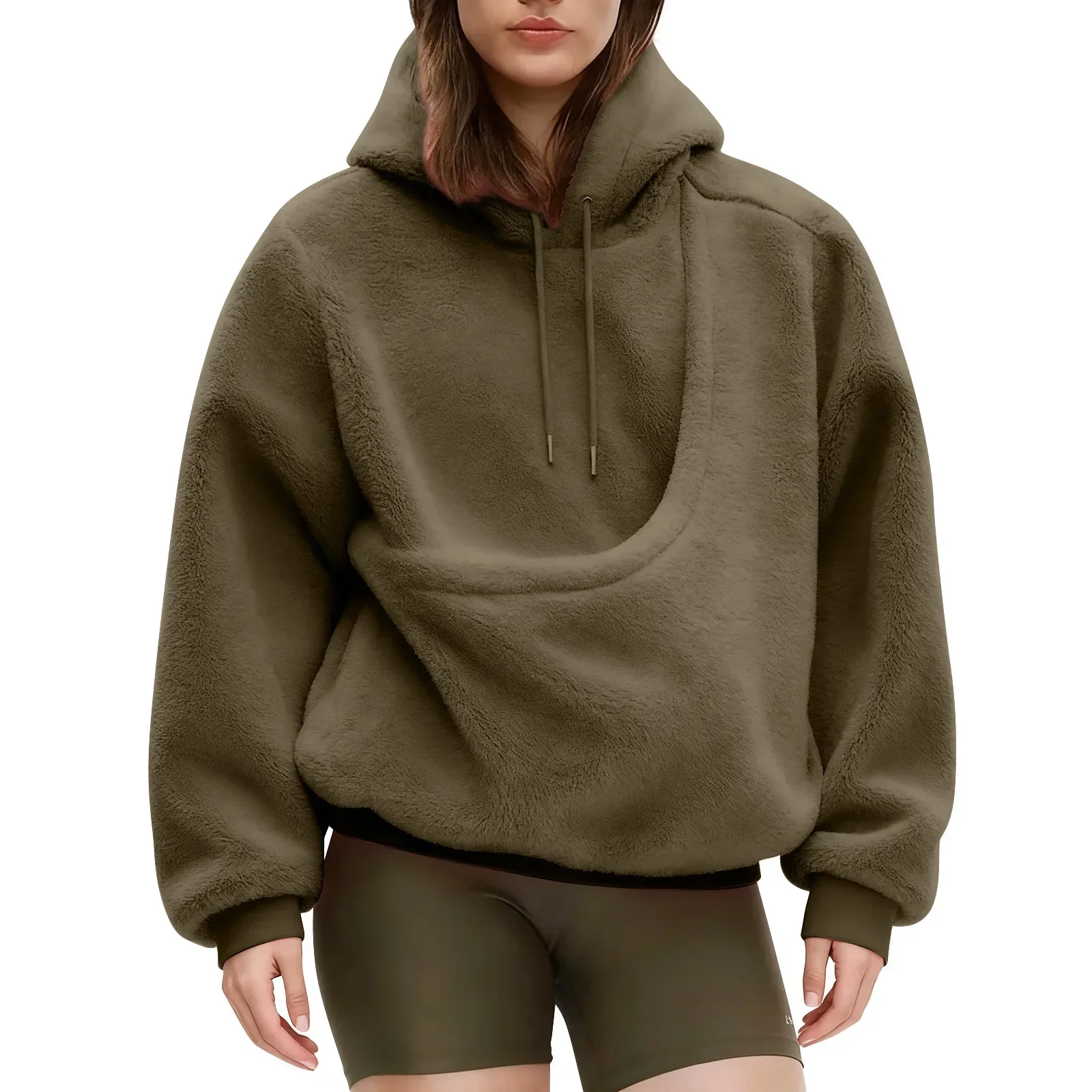 Women Solid Hooded Fleece Oversized Pullover Sweatshirt With Pet Pocket Autumn Winter Casual Top Ladies Cozy