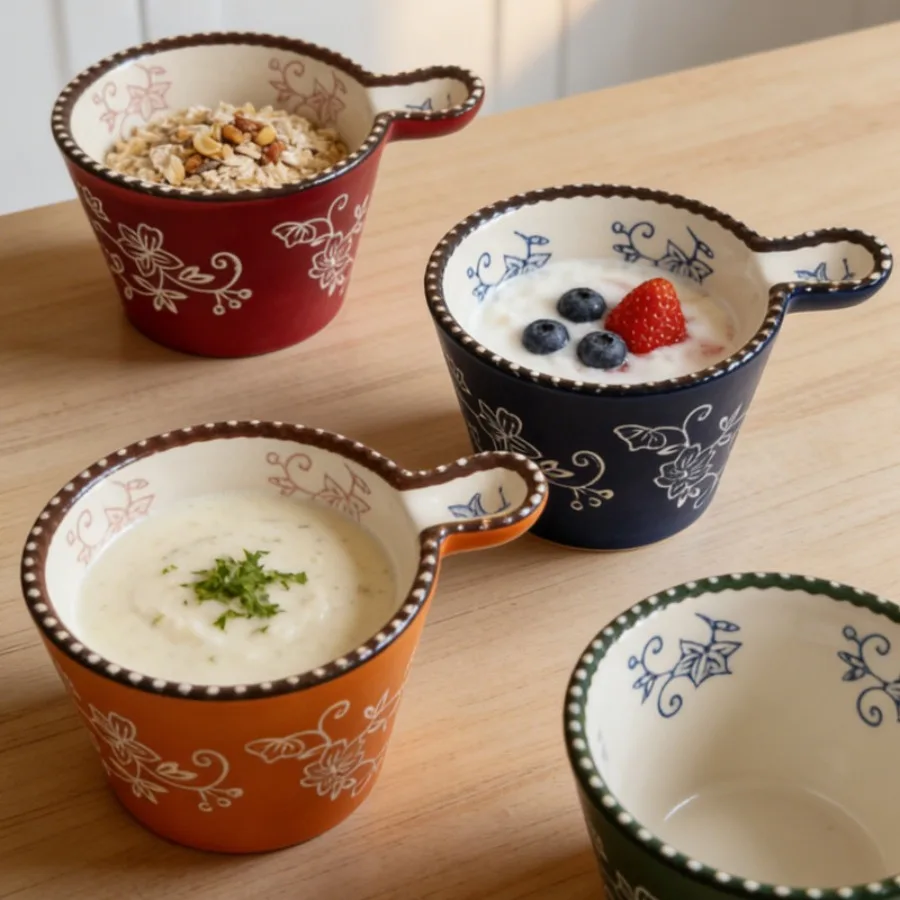 

Керамическая миска с ручкой, многофункциональная миска для выпечки, духовка, микроволновая печь, французская посуда ручной работы, кофейная чашка, миска для хлопьев для завтрака