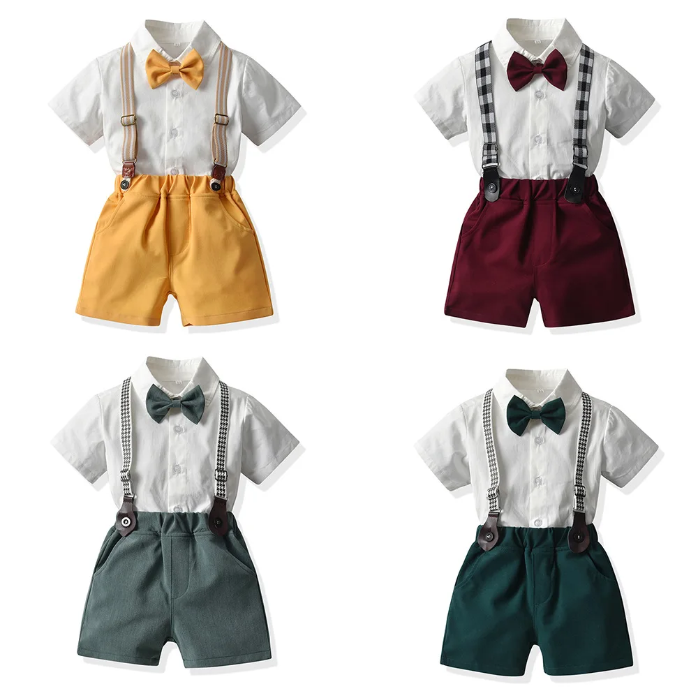 Kids Summer Clothes Suit Formal Gentlemen Outfit Boys Cotton Shirt + Belt Shorts 2PCS Set Baby Clothes for Wedding Birthday