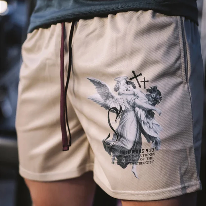 Y2K Ginásio Shorts para Homens Mulheres Verão Fitness Jogging Anjo Cruz 3D Impressão Casual Shorts Quick Dry Esportes Calças Curtas Sweatpants