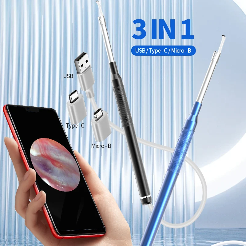 Smart Ear Cleaner Endoscope 3 in 1 Digital Endoscope Earwax Cleaner Tool with 2 Ear Spoon Ear Cleaner for Android Type-C PC