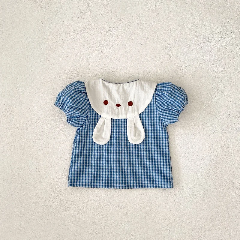 2024 Summer Baby Girl Clothes Set 0-3Years Newborn Kids Short Sleeve Bunny Collar Plaid Shirt Tops+Bloomers Shorts 2PCS Outfits image 3