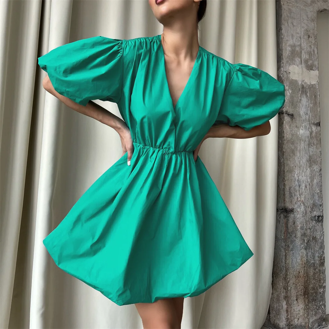 Lantern Sleeve Mini Dress Summer Robe Femme Fashion Style Elegant Women Solid Color A Line Vestidos De Fiesta V-Neck Sun Dresses